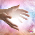 Athena Bahri performing a Distance Reiki Radiance Session with healing light energy and open hands, Crystal Reiki Healer