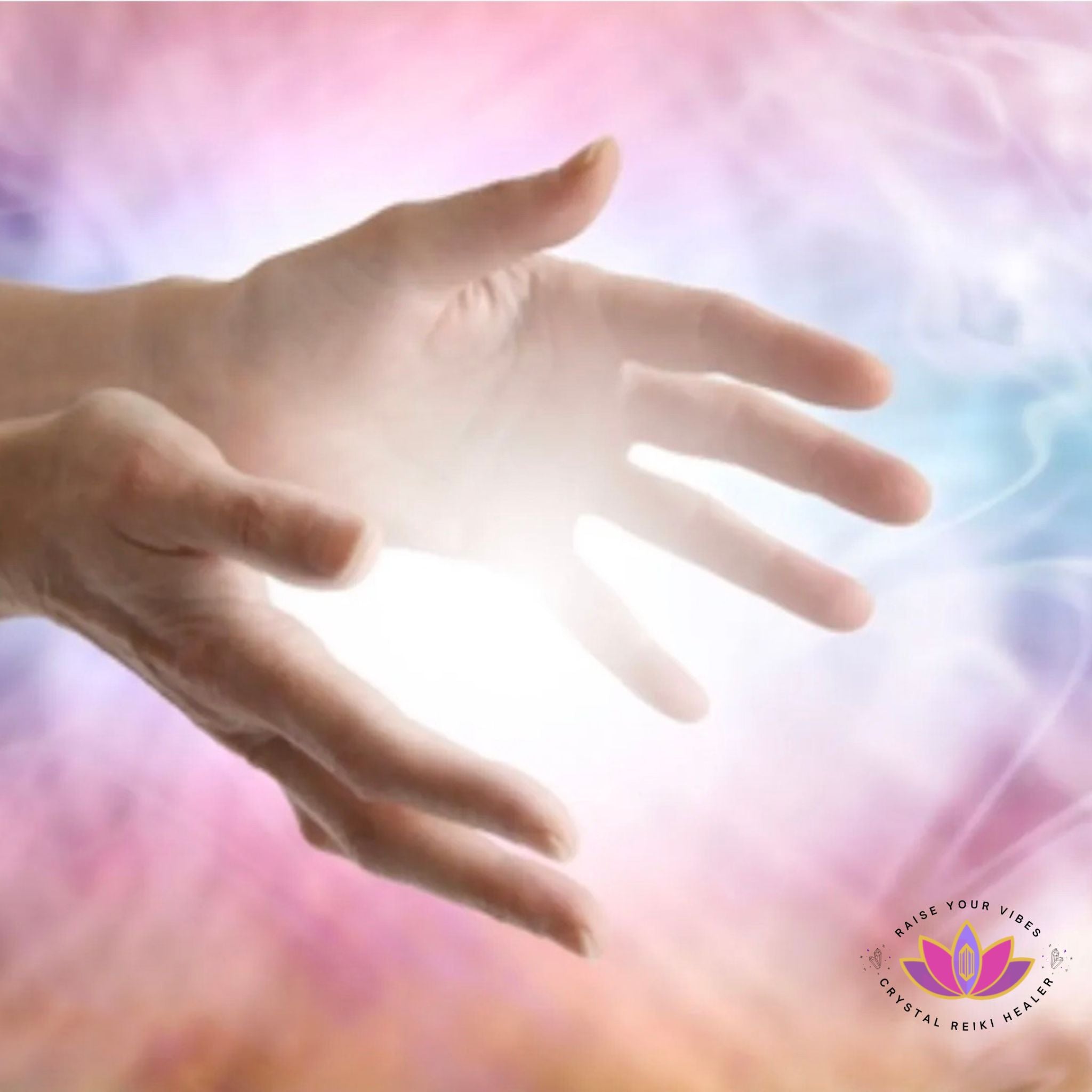 Athena Bahri performing a Distance Reiki Radiance Session with healing light energy and open hands, Crystal Reiki Healer